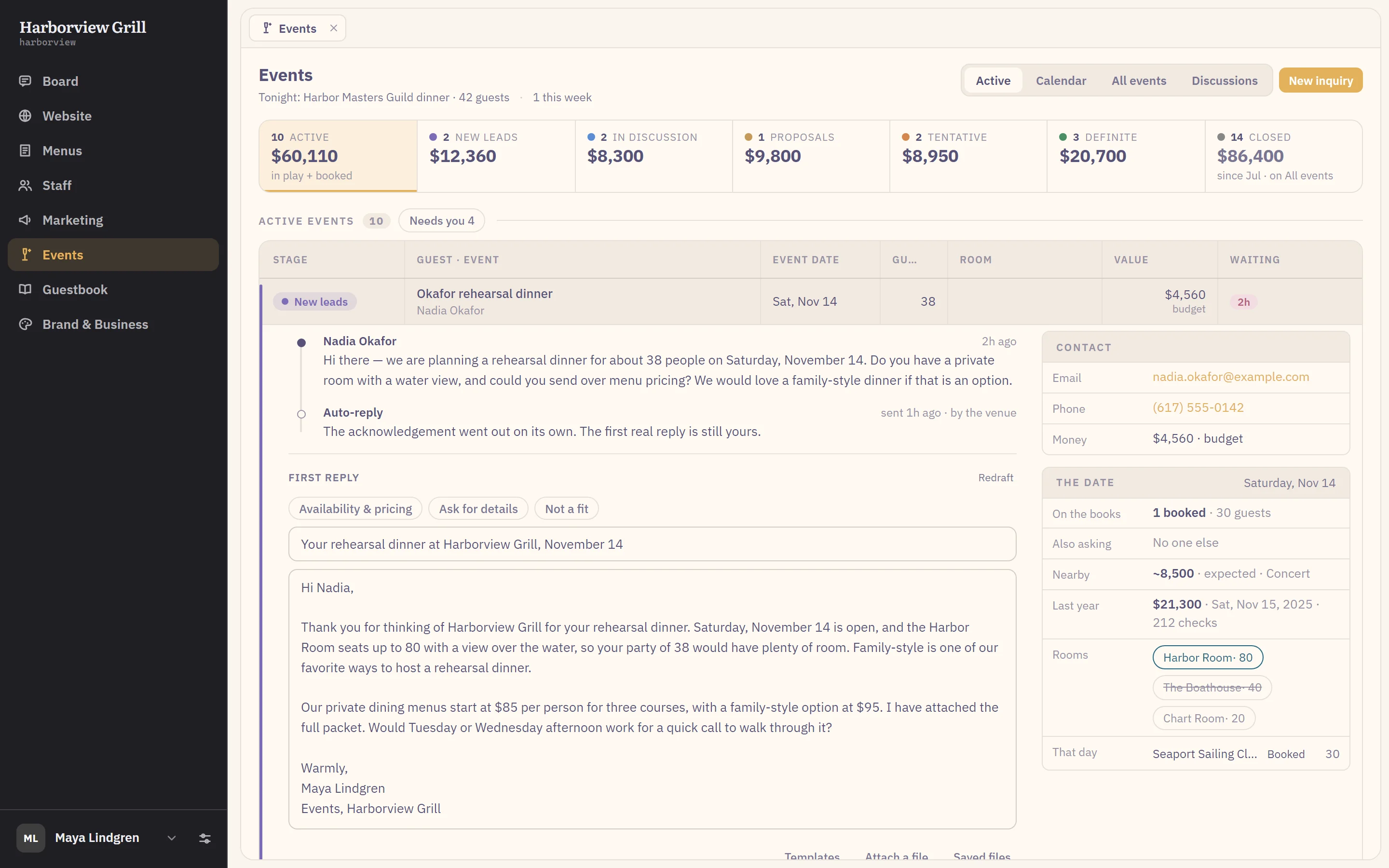 Apex, the Events desk of a venue: the pipeline by stage, the active events, and a new lead unfolded with its first reply drafted in place