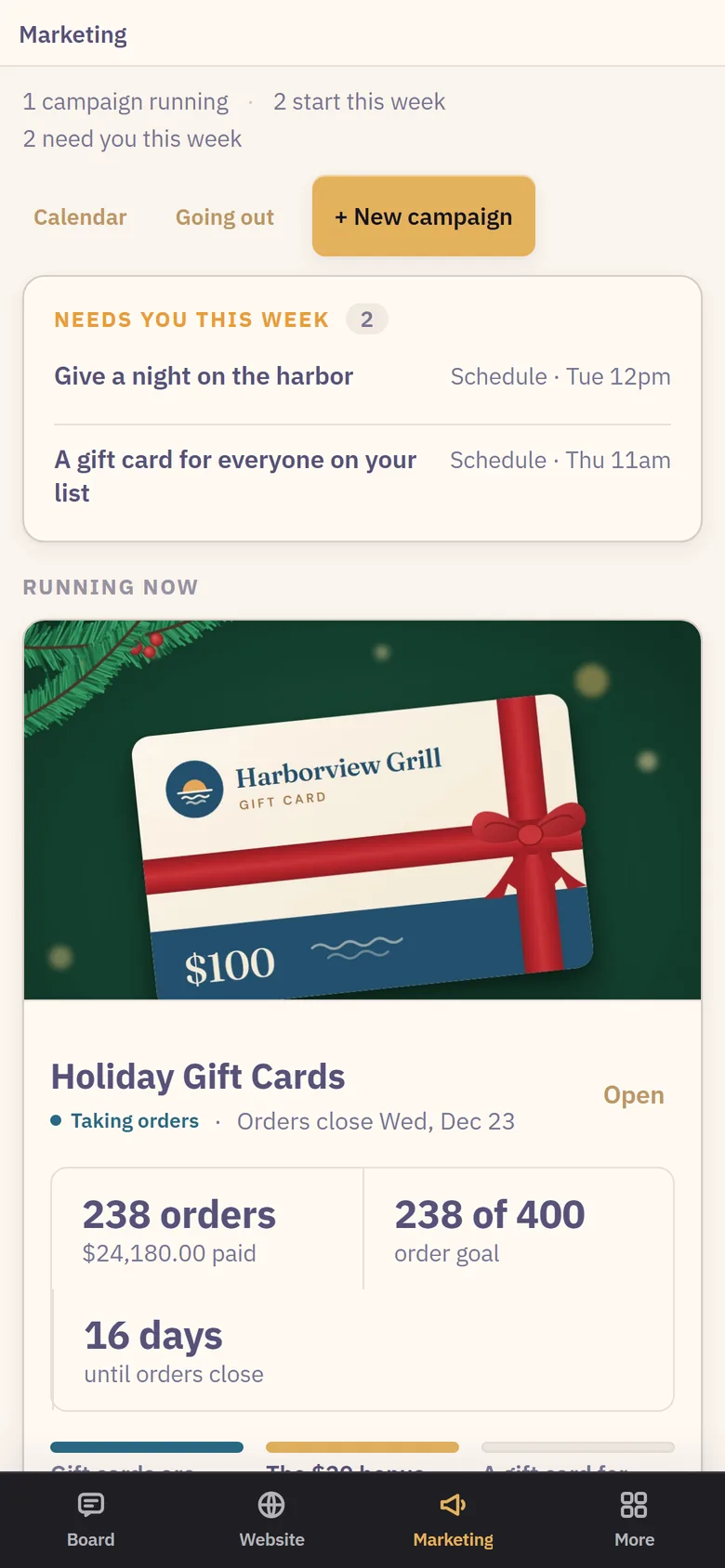 The same Marketing page on a phone