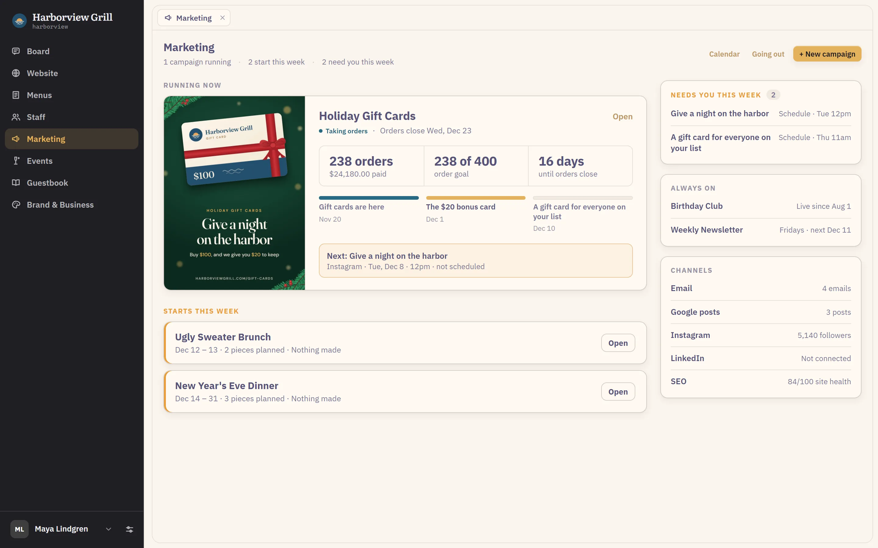 Apex, the Marketing page in holiday season: the gift card campaign that is running, what needs the team this week, the holiday campaigns coming up, the channels and what is always on