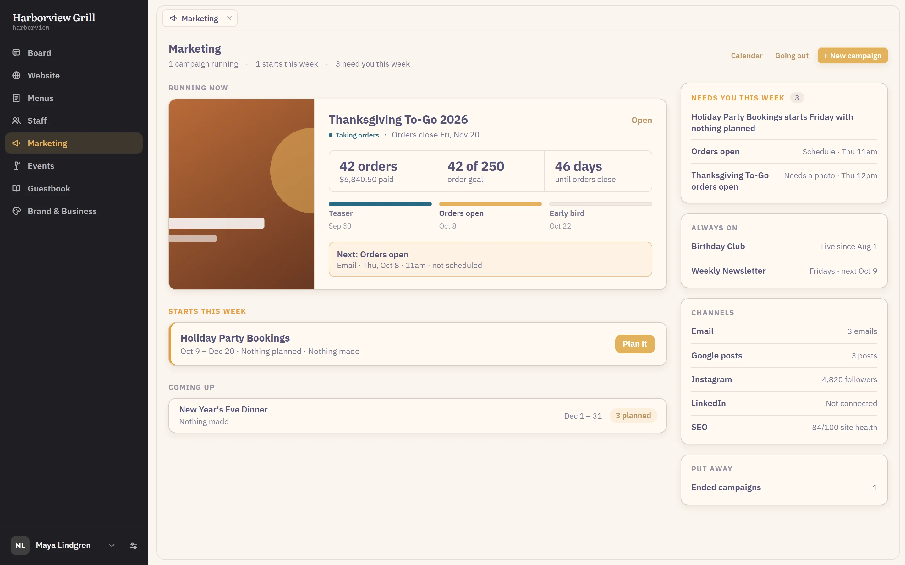 Apex, the Marketing page: the campaign that is running, what needs the team this week, the channels and what is always on