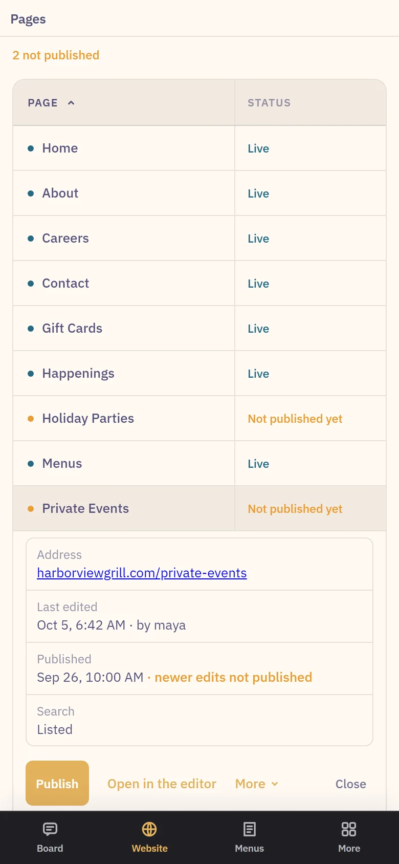 The same Website pages on a phone