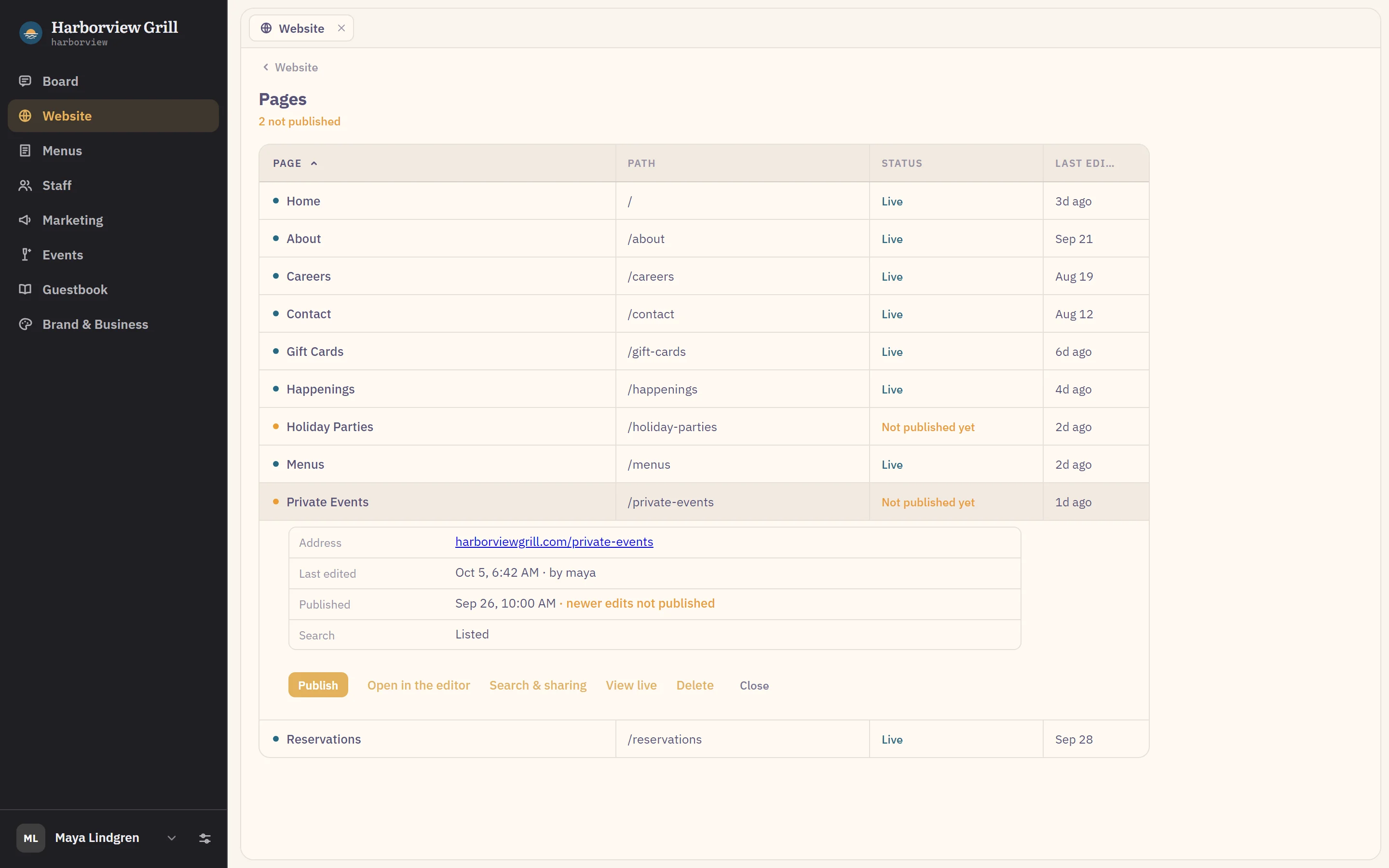 Apex, Website pages: every page of the site, what is live, what is not published yet, and one page unfolded with its Publish button